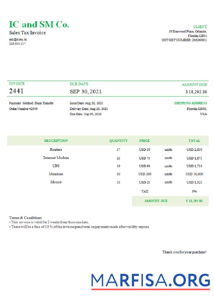 Blank USA IC and SM Co. invoice download for verification